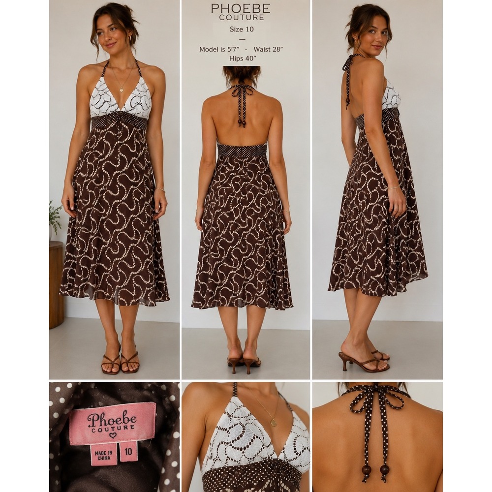 Phoebe Couture Brown Silk Blend Halter Dress Eyelet Bust Polka Dot S60D545 10